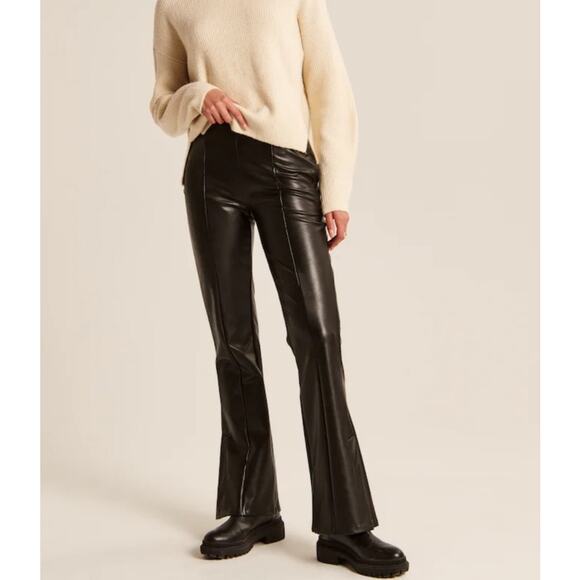 Abercrombie & Fitch Tall Black Vegan Leather High Rise Flare Side Slit Pants ML - Picture 2 of 9